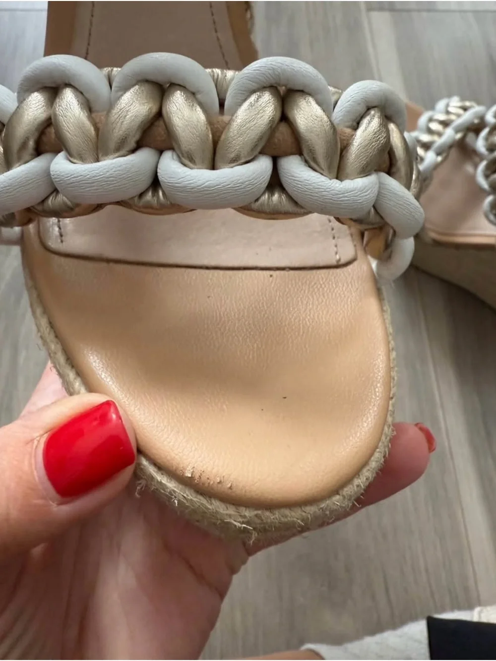 SCHUTZ White and Gold Braided Espadrille Wedge Sandals